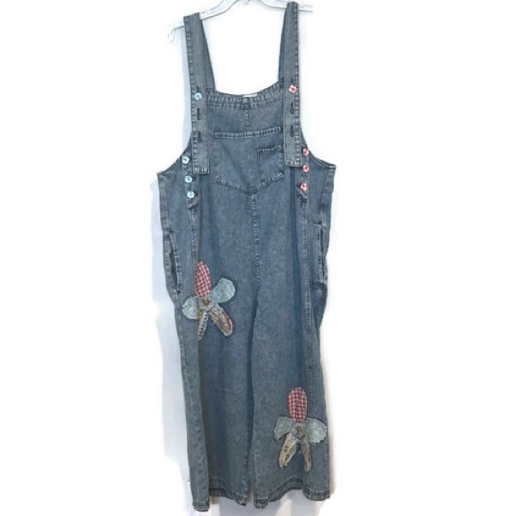 Easel Boho Blue Denim Bib Overalls with Floral Patches - Picture 2 of 12